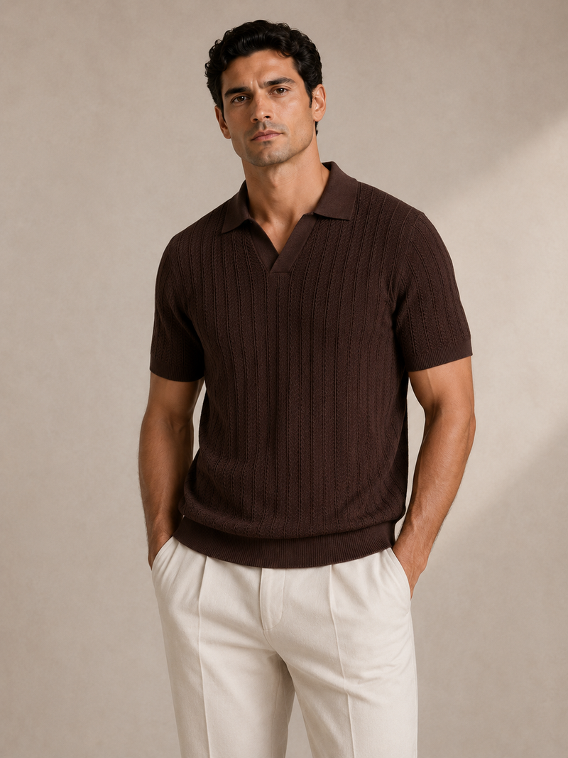 Open Collar Strukturstrick-Poloshirt – Schokobraun