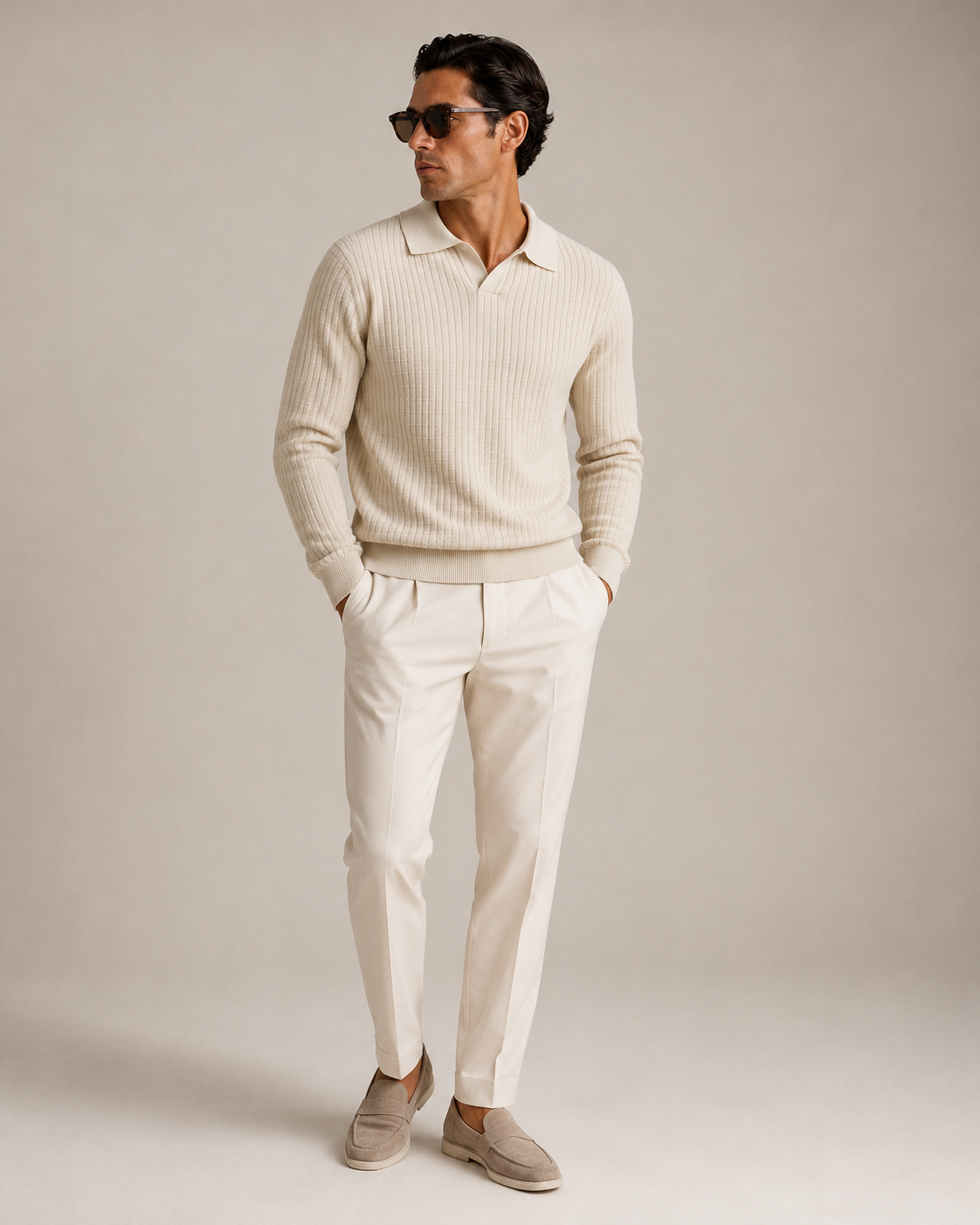 Textured Knit Polo – Cream